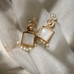 Pearl Drop Square Earrings with Peacock Motif