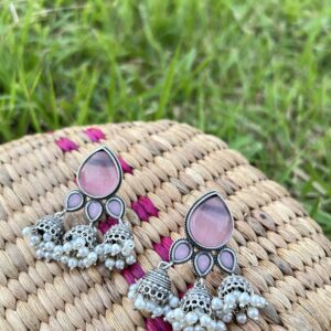 Blush Mirror Jhumka Earrings with Pearl Clusters