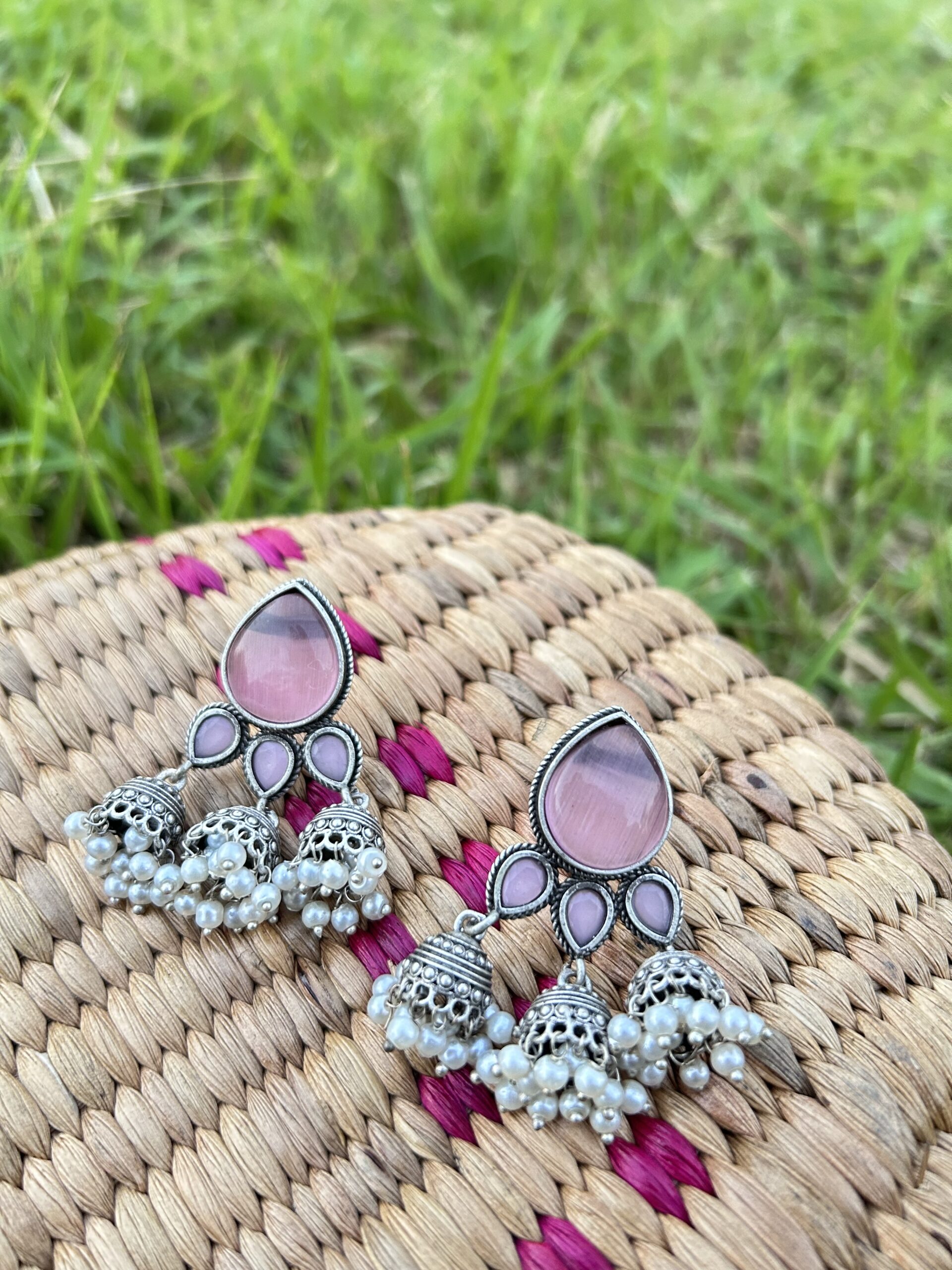 Blush Mirror Jhumka Earrings with Pearl Clusters