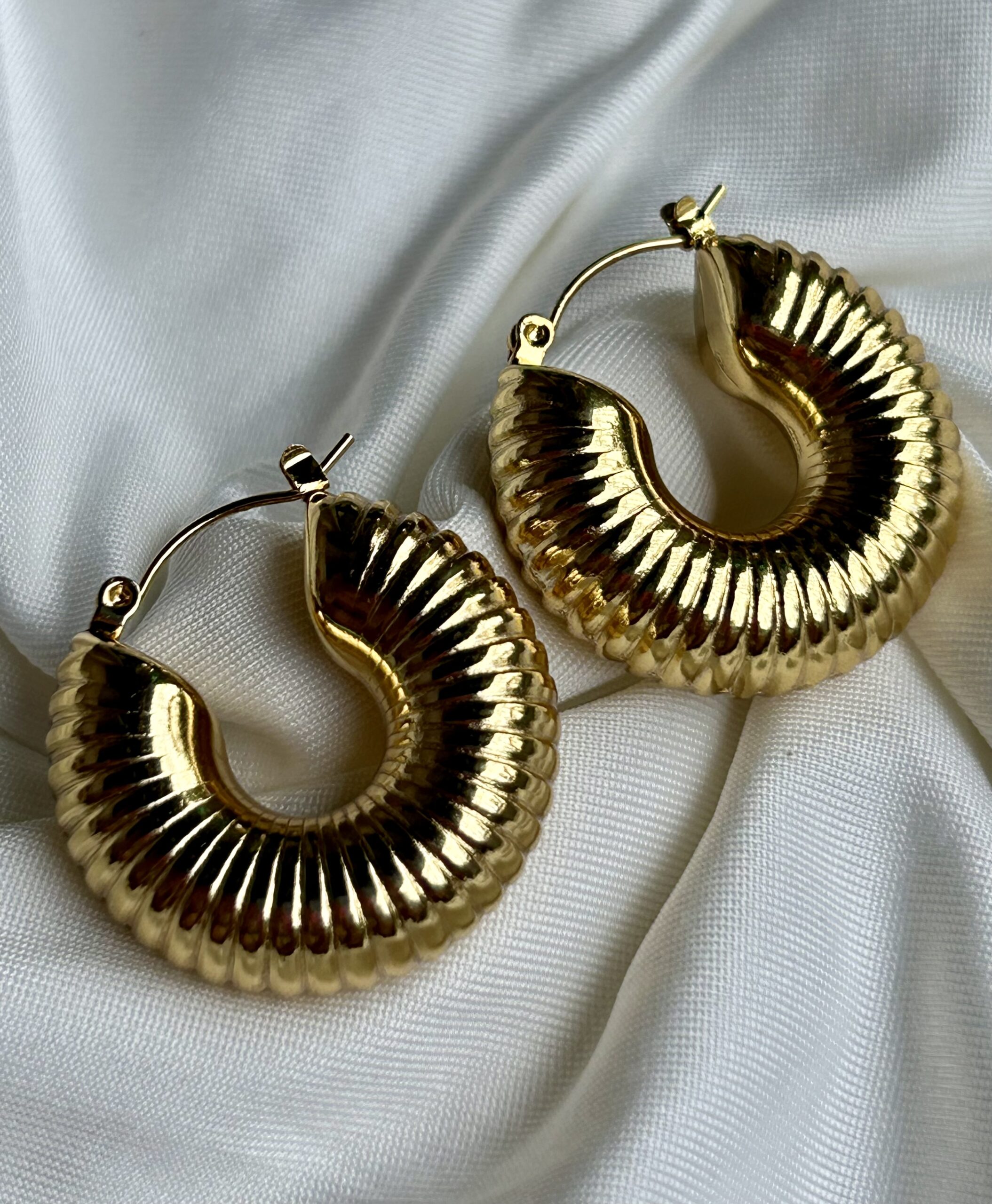 Ribbed Dome Anti-Tarnish Gold Hoop Ea - Image 2
